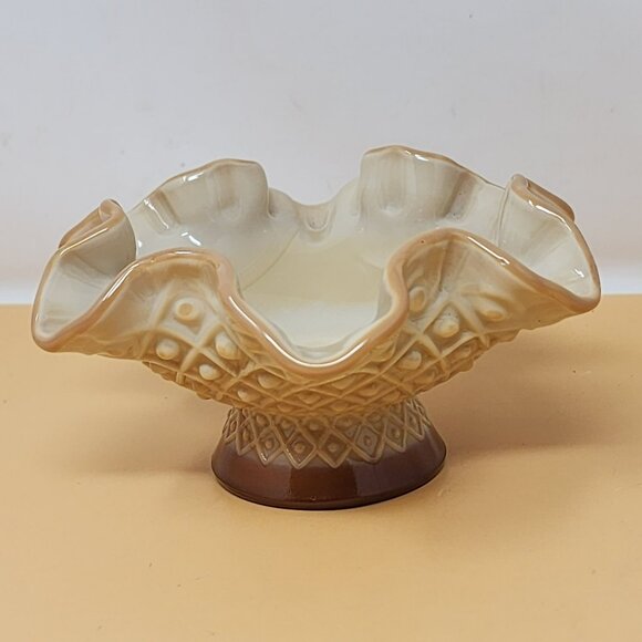 Vintage Ruffled Edge Ceramic Compote Dish Intricate Diamond PatternGlossy Finish - Picture 4 of 11